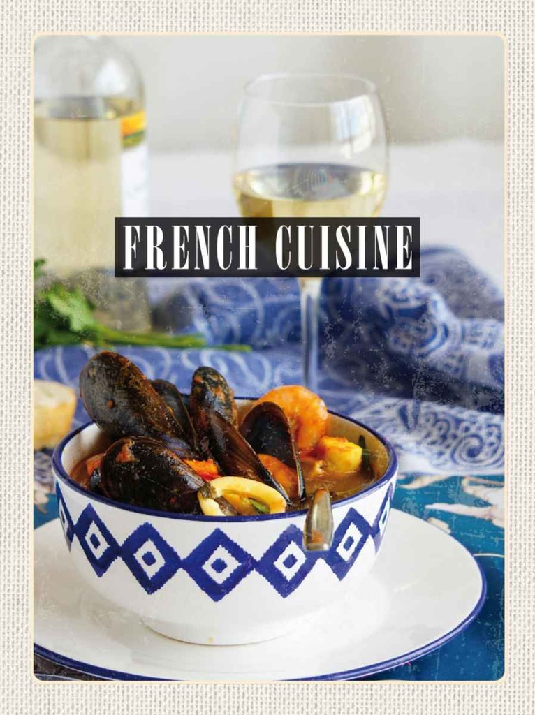 Holzschild 30x20 cm French Cuisine Meeresfrüchte Wein Bildmotiv Reisemotiv Abenteuer Reisen