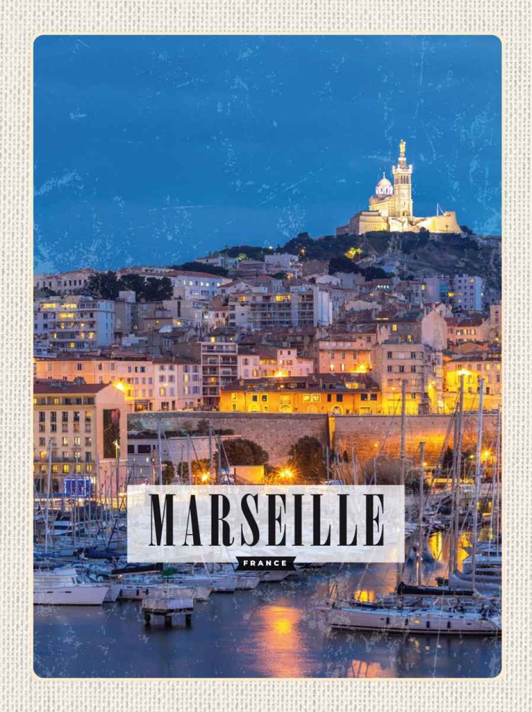 Holzschild 30x20 cm Retro Marseille France Panorama Nacht Bildmotiv Reisemotiv Abenteuer Reisen