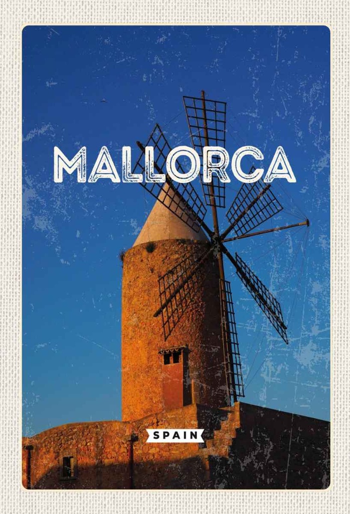Holzschild 30x20 cm Mallorca Spain Retro Windmühle Bildmotiv Reisemotiv Abenteuer Reisen