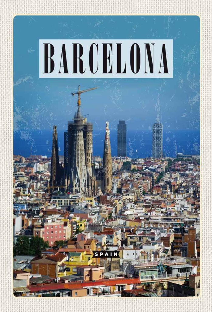 Holzschild 30x20 cm Barcelona Spanien Blick auf Stadt Bildmotiv Reisemotiv Abenteuer Reisen