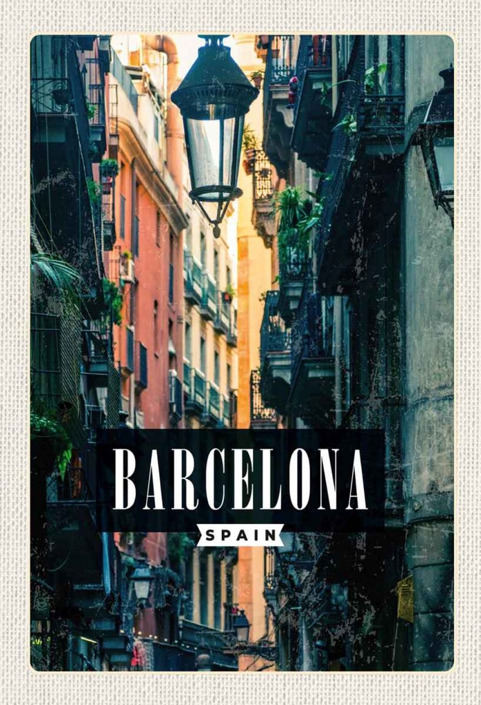Holzschild 30x20 cm Barcelona Spanien Gasse Panorama Bildmotiv Reisemotiv Abenteuer Reisen