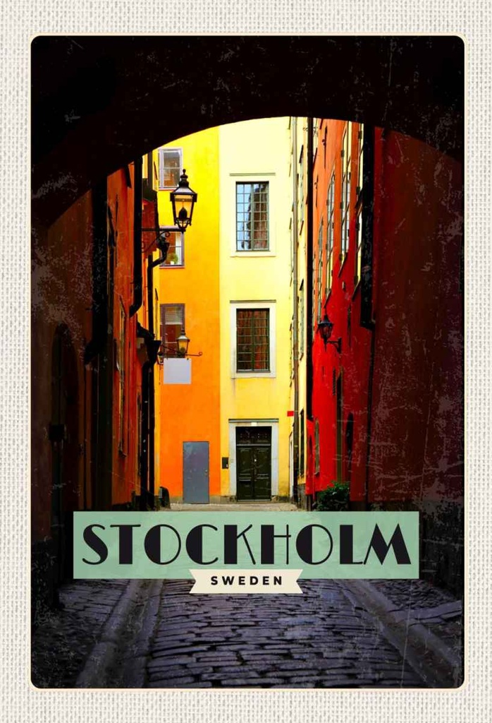 Holzschild 30x20 cm Stockholm Schweden Gasse Bildmotiv Reisemotiv Abenteuer Reisen