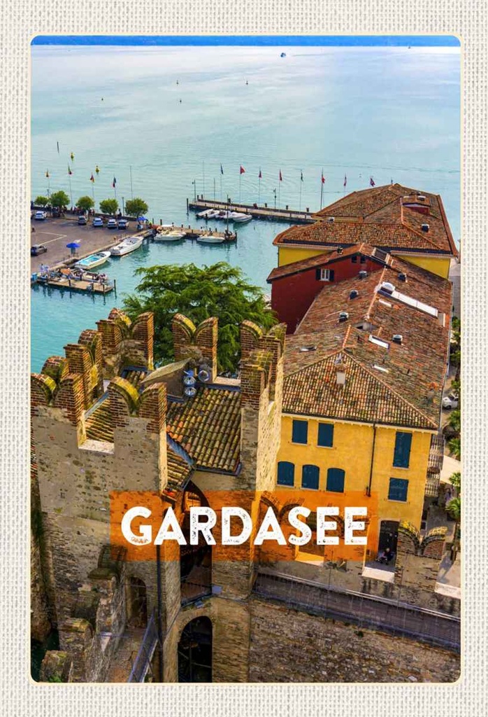 Holzschild 30x20 cm Gardasee Italien Boote Blick auf See Bildmotiv Reisemotiv Abenteuer Reisen