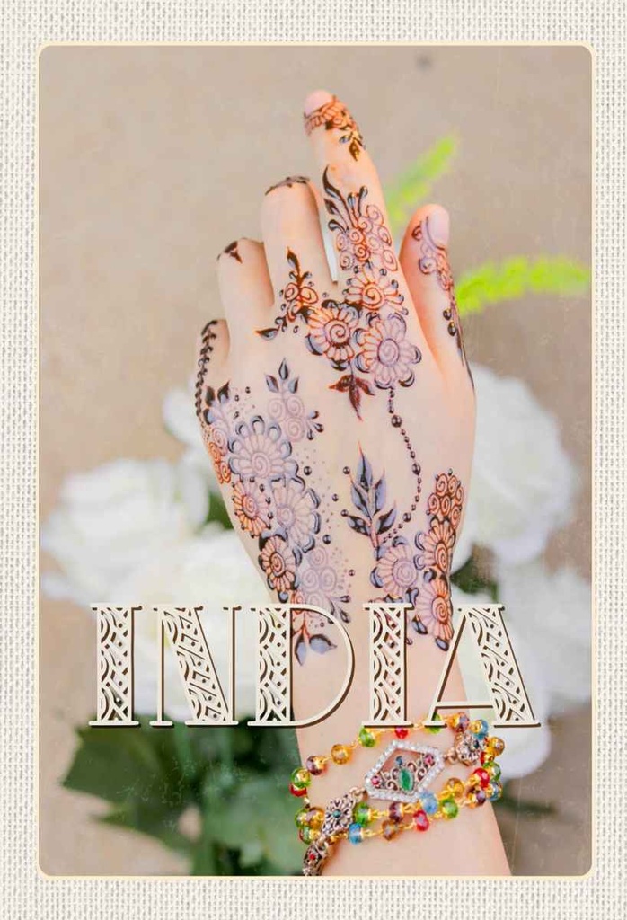 Holzschild 30x20 cm Indien Henna Hand Tradition Blume Bildmotiv Reisemotiv Abenteuer Reisen