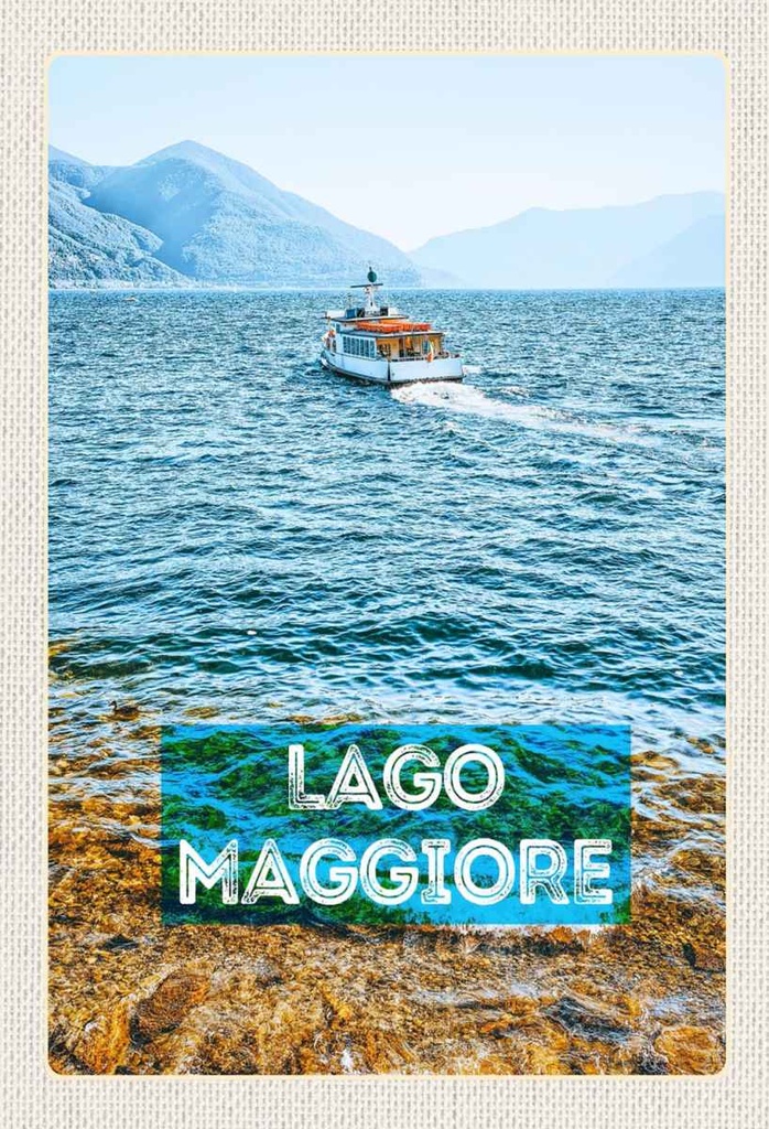 Holzschild 30x20 cm Lago Maggiore Italien Insel Boot Meer Bildmotiv Reisemotiv Abenteuer Reisen