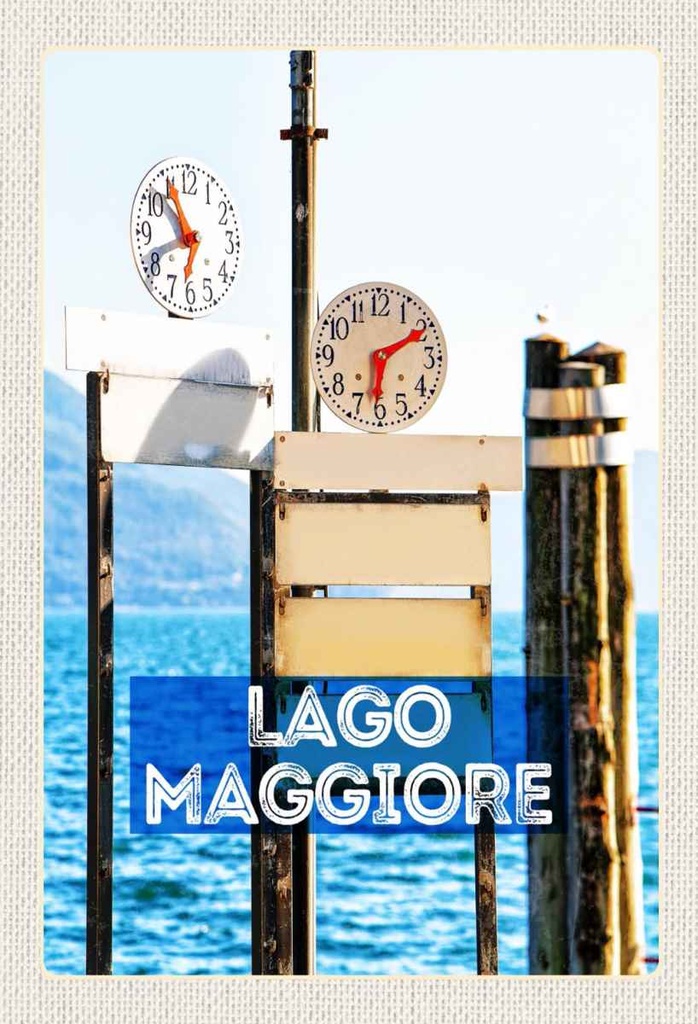Holzschild 30x20 cm Lago Maggiore Uhr Zeit Meer Gebirge Bildmotiv Reisemotiv Abenteuer Reisen