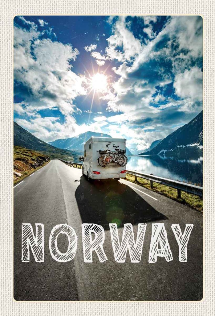 Holzschild 30x20 cm Norwegen CampinFahrrad Meer Bildmotiv Reisemotiv Abenteuer Reisen