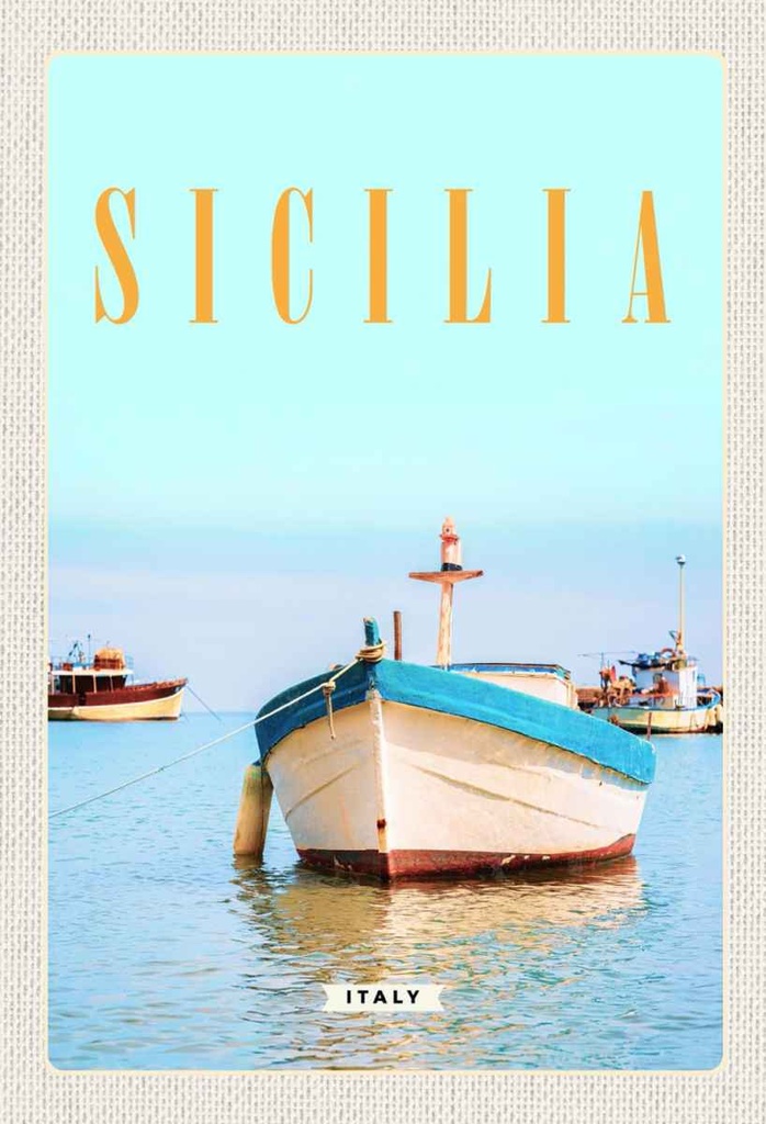 Holzschild 30x20 cm Sizilien Italien Boot Ufer Strand Meer Bildmotiv Reisemotiv Abenteuer Reisen
