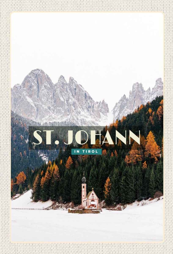 Holzschild 30x20 cm St. Johann Reisen in Tirol Schnee Wald Winter Bildmotiv Reisemotiv Abenteuer