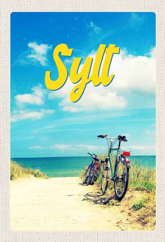 Holzschild 30x20 cm Sylt Strand Meer Sand Sommer Fahrrad Bildmotiv Reisemotiv Abenteuer Reisen