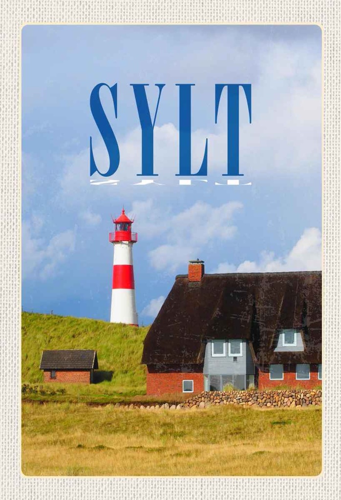 Holzschild 30x20 cm Sylt Häuser Dach aus Moos Leuchtturm Bildmotiv Reisemotiv Abenteuer Reisen