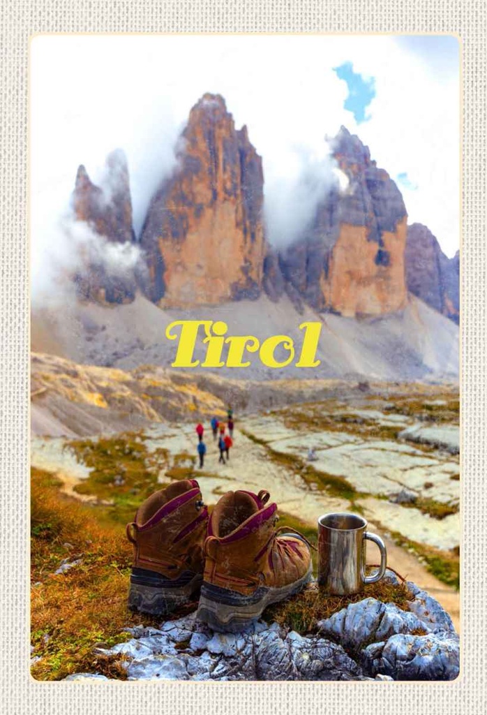 Holzschild 30x20 cm Tirol Wanderrung Schuhe kaltes Getränk Bildmotiv Reisemotiv Abenteuer Reisen