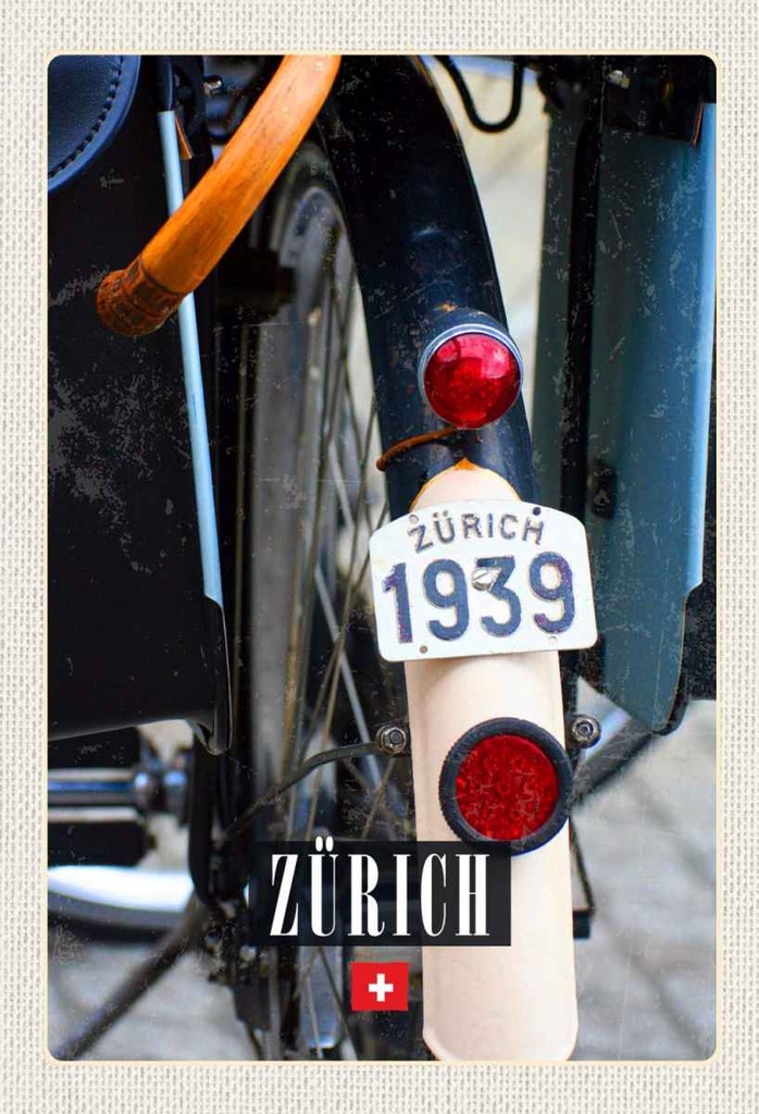 Holzschild 30x20 cm Zürich Fahrrad 1939 Europa Bildmotiv Reisemotiv Abenteuer Reisen