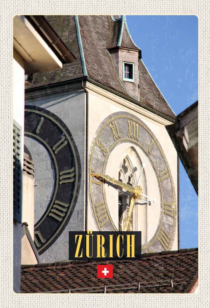 Holzschild 30x20 cm Zürich Kirchenuhr Gold Architektur