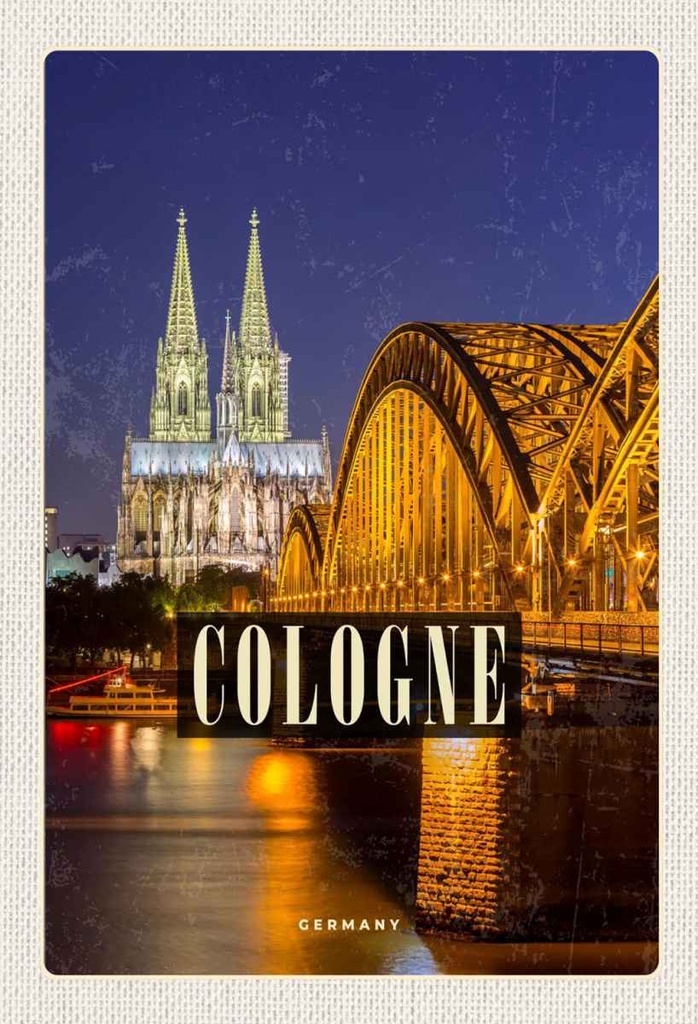Holzschild 30x20 cm Köln Brücke Stadt Dom Abend Lichter Bildmotiv Reisemotiv Abenteuer Reisen
