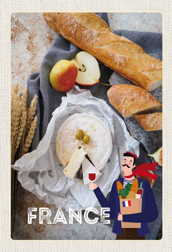 Holzschild 30x20 cm Frankreich Baguette Käse Birne Olive