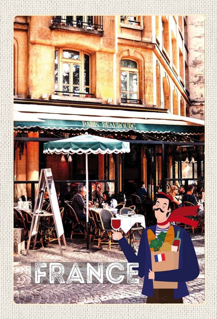 Holzschild 30x20 cm Frankreich Innenstadt Restaurant Wein