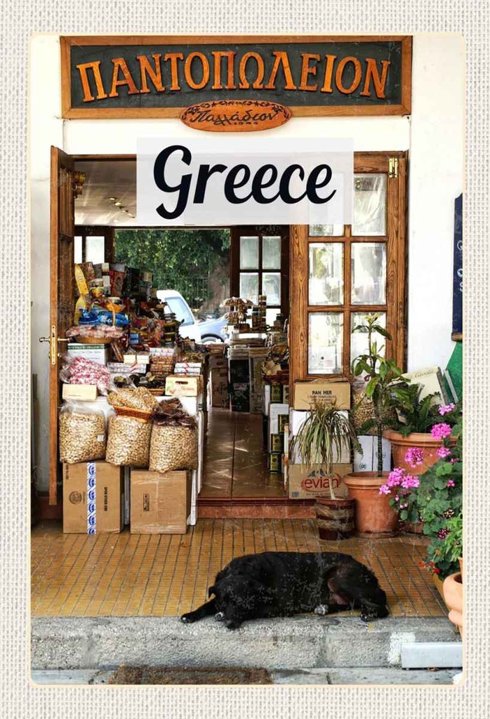 Holzschild 30x20 cm Greece Griechenland Hund Lebensmittel