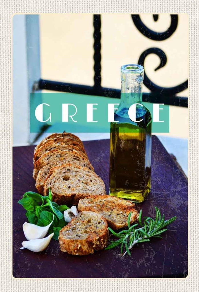 Holzschild 30x20 cm Greece Griechenland Öl Knoblauch Brot Bildmotiv Reisemotiv Abenteuer Reisen