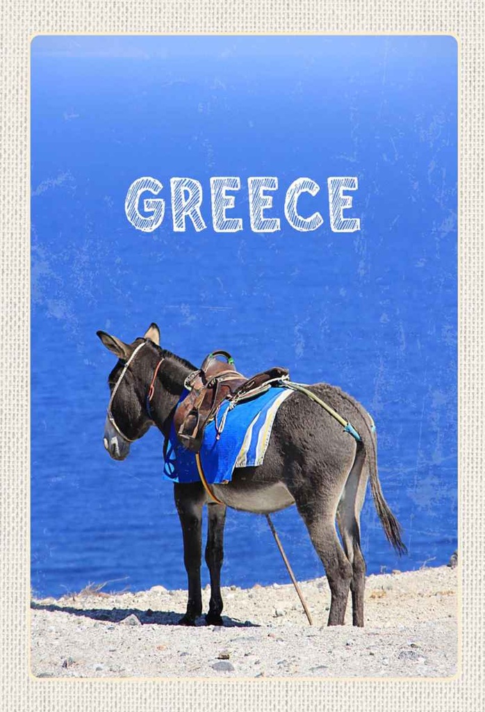Holzschild 30x20 cm Greece Griechenland Esel Blick Meer Bildmotiv Reisemotiv Abenteuer Reisen