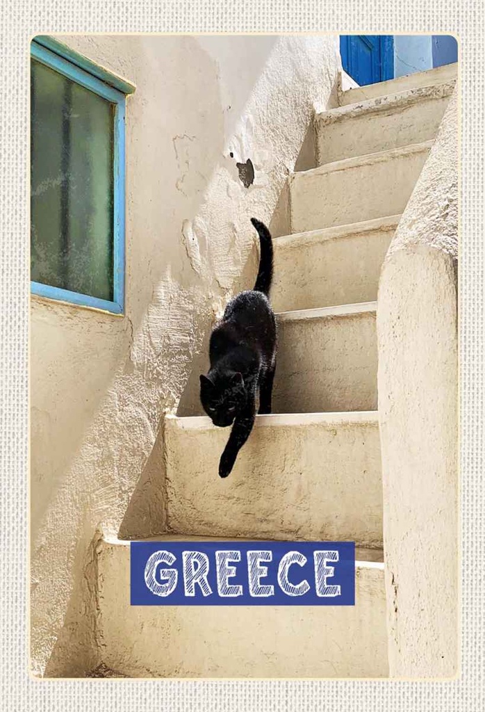 Holzschild 30x20 cm Greece Griechenland weiße Treppe Katze Bildmotiv Reisemotiv Abenteuer Reisen