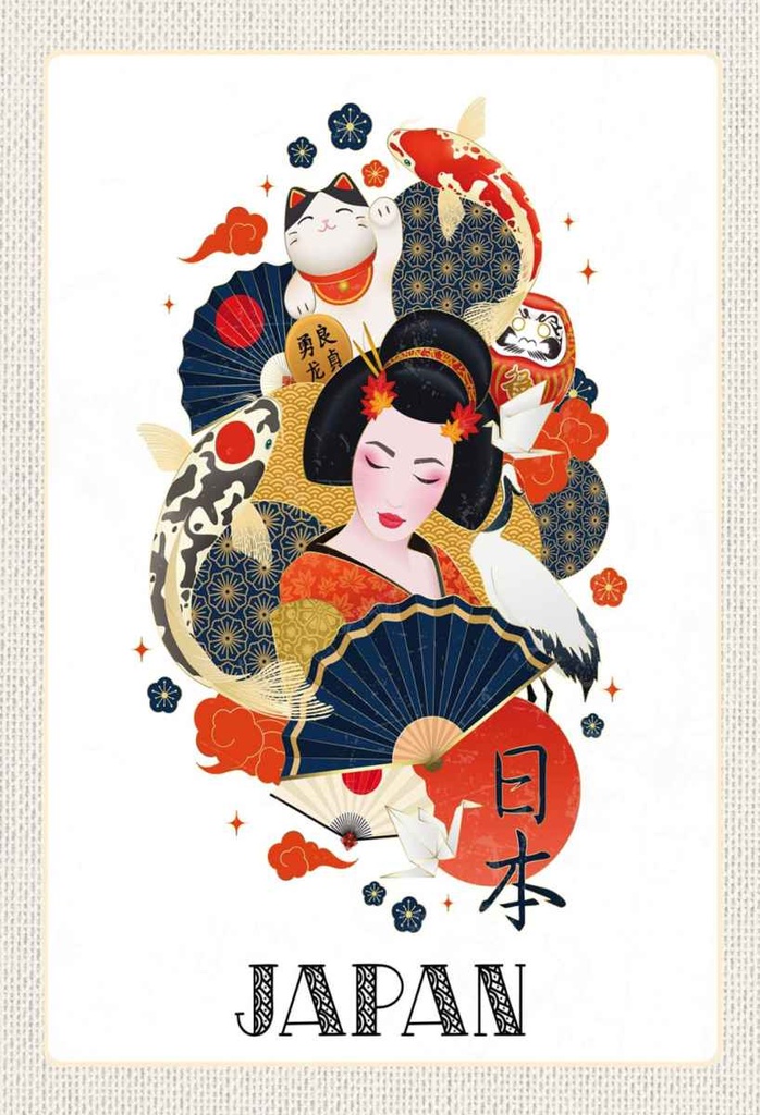Holzschild 30x20 cm Japan Frau Katze Fisch Kunst Kultur