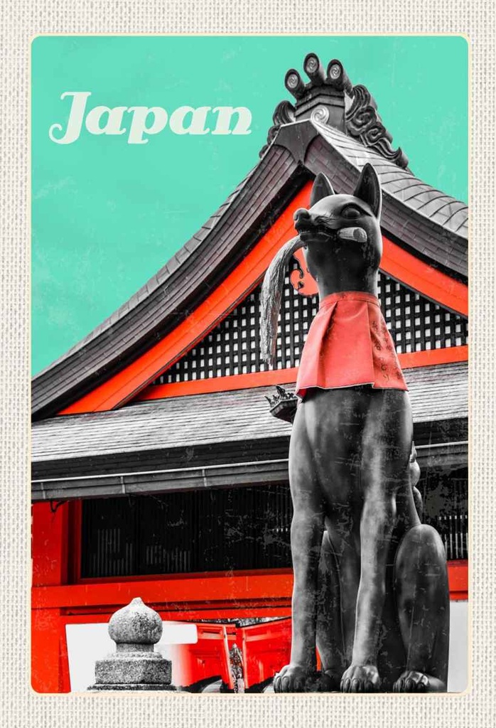 Holzschild 30x20 cm Japan Miyajima Tempel Kitsune Statue Bildmotiv Reisemotiv Abenteuer Reisen