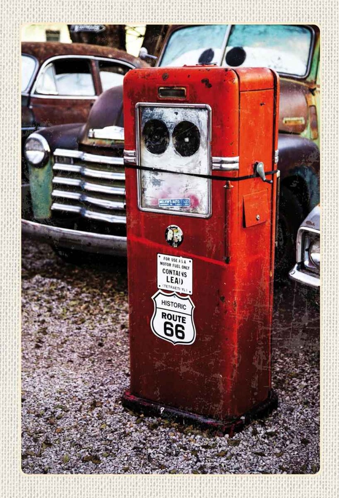 Holzschild 30x20 cm USA Amerika Tankstelle Route 66 90er Bildmotiv Reisemotiv Abenteuer Reisen