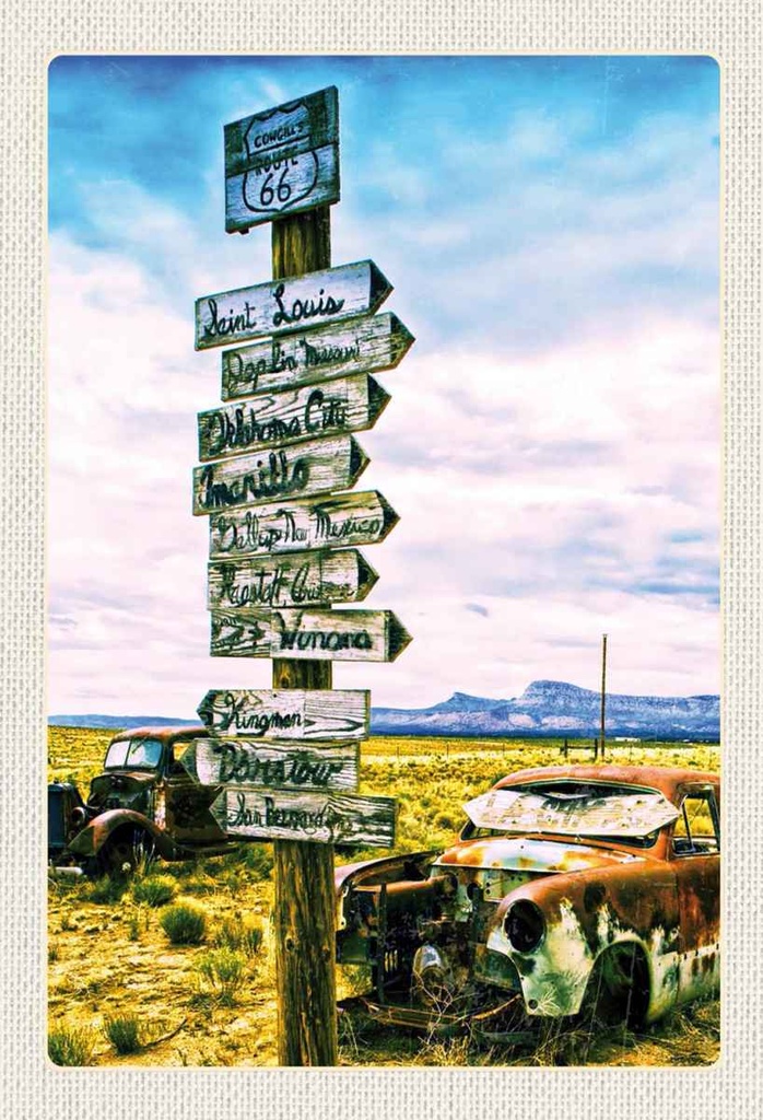Holzschild 30x20 cm Amerika USA Route 66 Oldtimer Gebirge Bildmotiv Reisemotiv