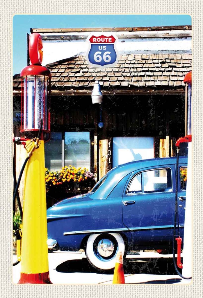 Holzschild 30x20 cm Amerika Chicago Route 66 Tankstelle Bildmotiv Reisemotiv USA
