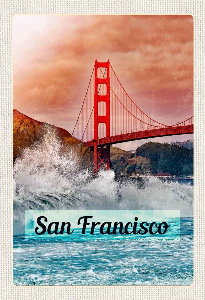 Holzschild 30x20 cm San Francisco Wellen Meer Brücke Bildmotiv Reisemotiv Abenteuer Reisen