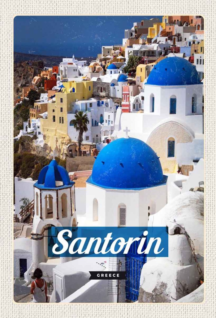 Holzschild 30x20 cm Santorini Greece Stadt weiß blau Bildmotiv Reisemotiv Abenteuer Reisen