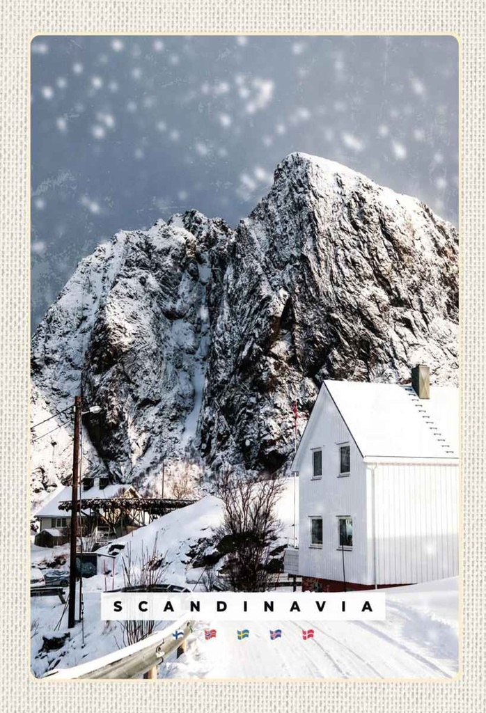 Holzschild 30x20 cm Skandinawien Schnee Winter Berg Haus Bildmotiv Reisemotiv Abenteuer Reisen