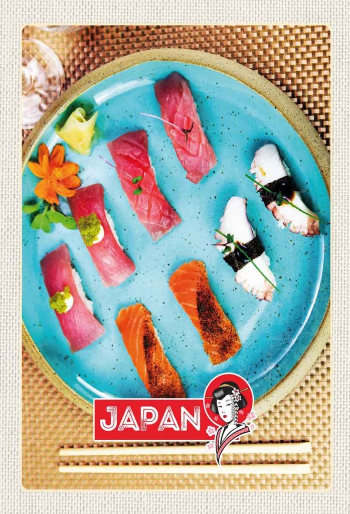 Holzschild 30x20 cm Japan Asien Fisch Sushi Gerichte Alge