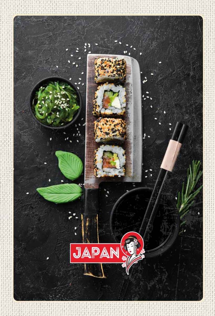 Holzschild 30x20 cm Japan Asien Sushi Fisch Essen Stäbchen Bildmotiv Reisemotiv Abenteuer Reisen