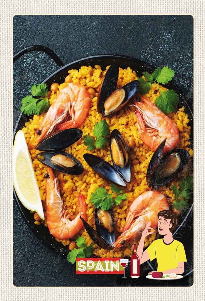 Holzschild 30x20 cm Spanien Europa Paella Reis Muscheln Bildmotiv Reisemotiv Abenteuer Reisen