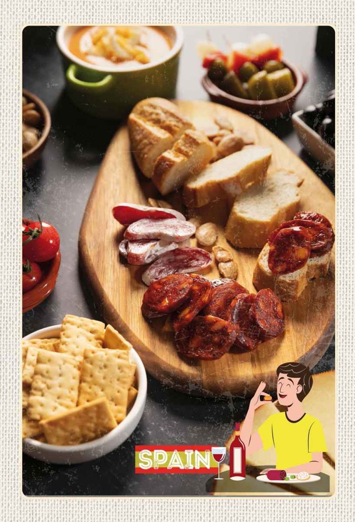 Holzschild 30x20 cm Spanien Wurst Oliven Tomaten Gericht Bildmotiv Reisemotiv Abenteuer Reisen