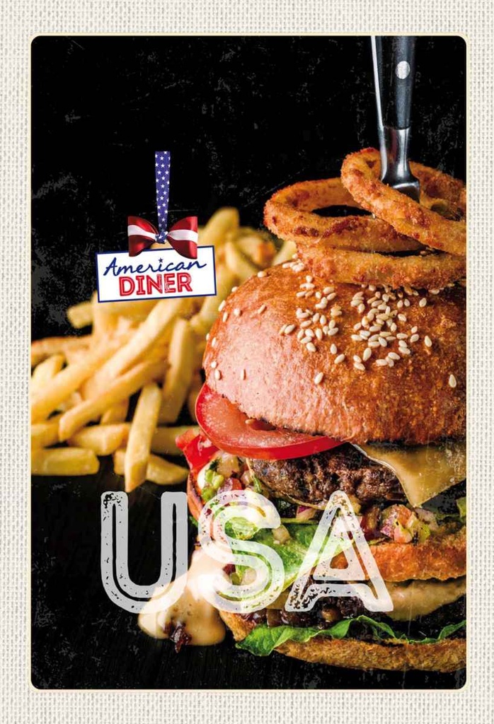 Holzschild 30x20 cm USA Burger Pommes Zwiebelringe essen Bildmotiv Reisemotiv Abenteuer Reisen