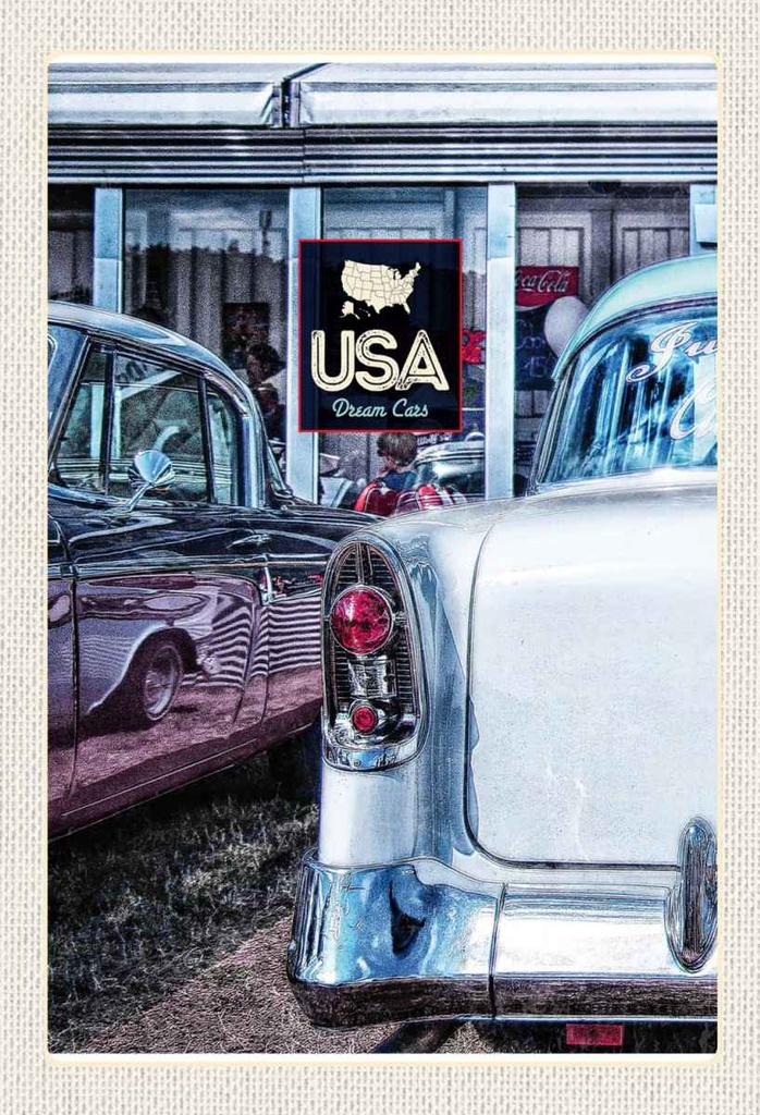 Holzschild 30x20 cm Amerika Oldtimer 90er silber Dram Cars Bildmotiv Reisemotiv USA