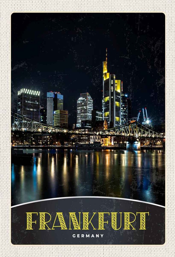Holzschild 30x20 cm Frankfurt Deutschalnd Nacht Brücke Bildmotiv Reisemotiv Abenteuer Reisen