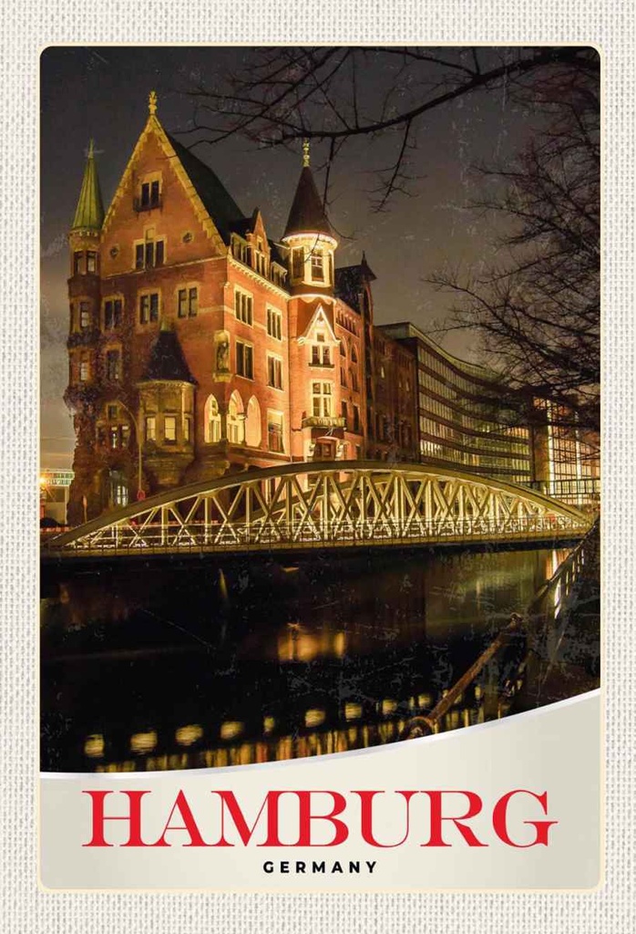 Holzschild 30x20 cm Hamburg Deutschland Brücke Kirche Bildmotiv Reisemotiv Abenteuer Reisen
