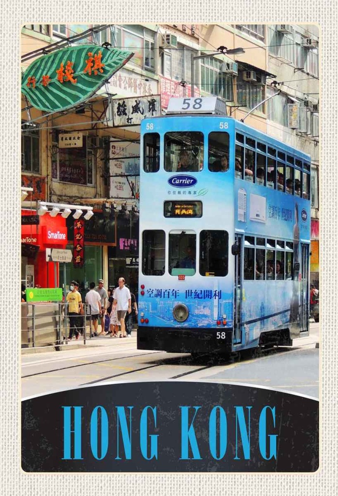Holzschild 30x20 cm Hong Kong Straßenbahn Stadt City Asien Bildmotiv Reisemotiv Abenteuer Reisen