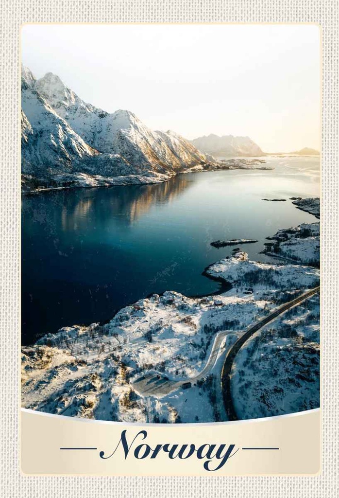 Holzschild 30x20 cm Norwegen Winterzeit Schnee Meer Bildmotiv Reisemotiv Abenteuer Reisen