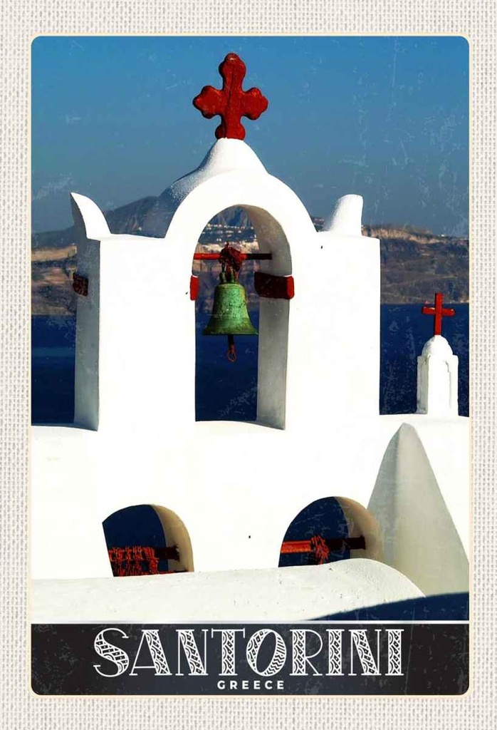 Holzschild 30x20 cm Santorini Innsel Meer Kreuz Kirche Bildmotiv Reisemotiv Abenteuer Reisen