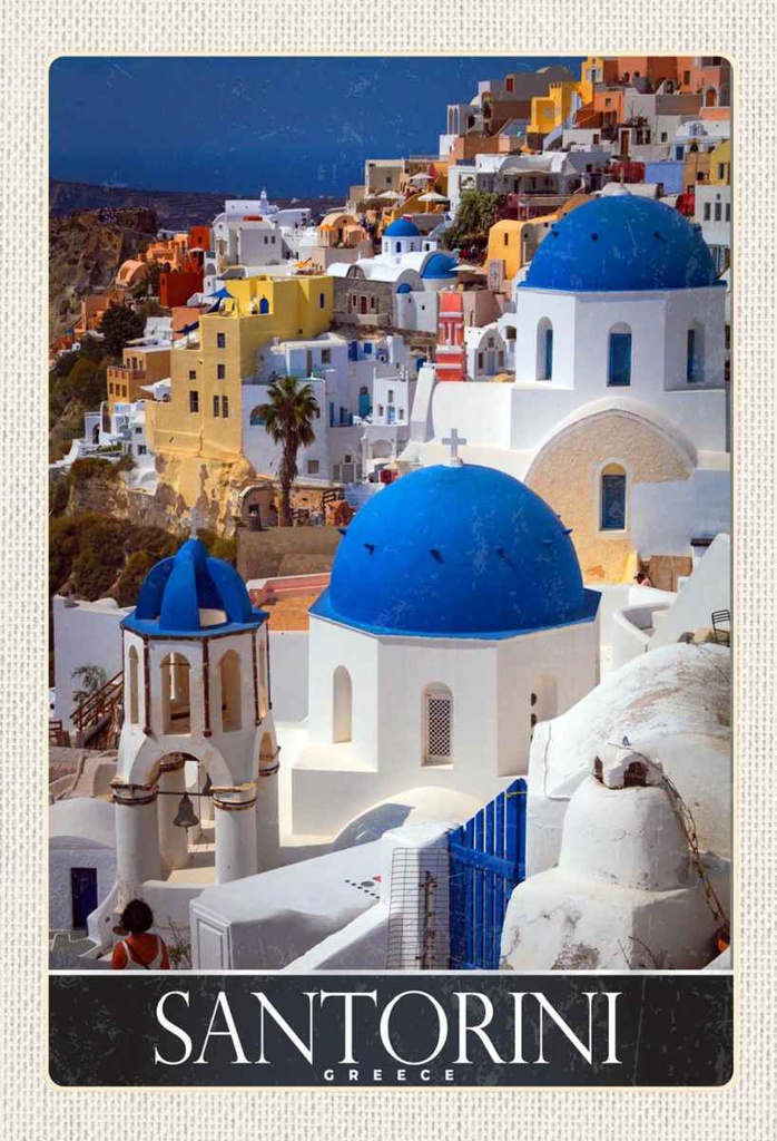 Holzschild 30x20 cm Santorini Griechenland Häuser weiss Bildmotiv Reisemotiv Abenteuer Reisen