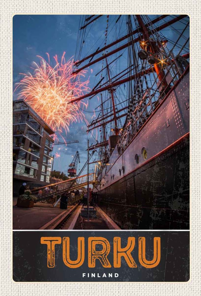 Holzschild 30x20 cm Turku Finnland Schiff Feuerwerk Bildmotiv Reisemotiv Abenteuer Reisen