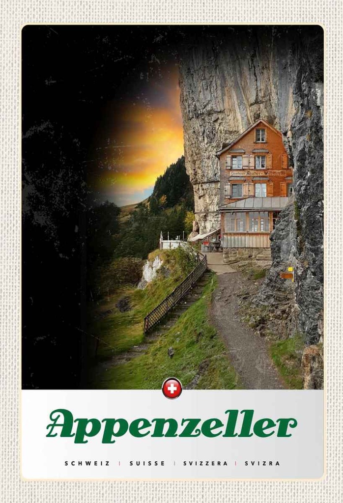 Holzschild 30x20 cm Appenzeller Gebirge Gebäude Schweiz Bildmotiv Reisemotiv Abenteuer Reisen