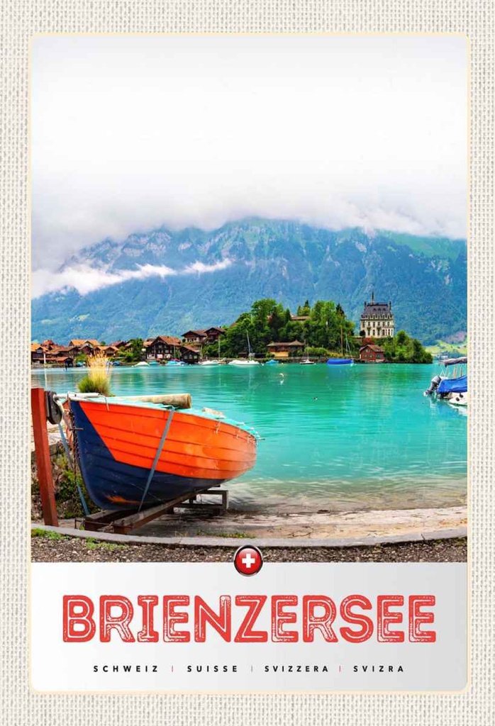 Holzschild 30x20 cm Brienzersee Schweiz Boot Gebäude Bildmotiv Reisemotiv Abenteuer Reisen