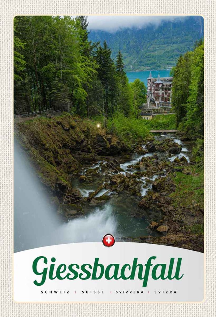 Holzschild 30x20 cm Giessbachfall Wald Wasserfall Natur Bildmotiv Reisemotiv Abenteuer Reisen