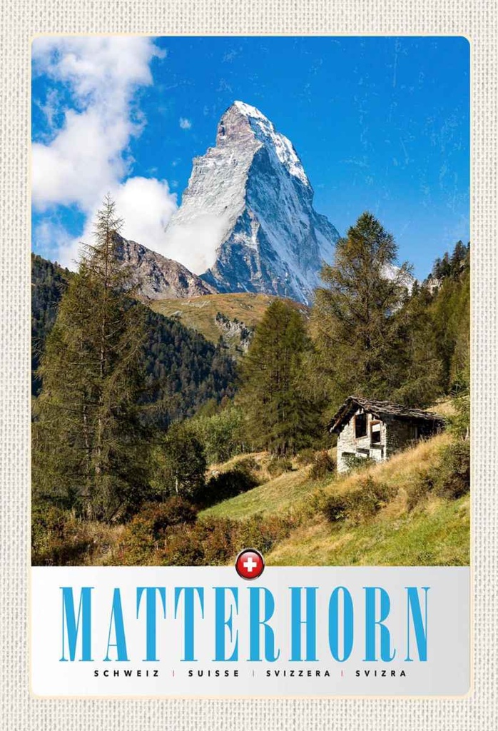Holzschild 30x20 cm Matterhorn Schweiz Wald Gebirge Schnee Bildmotiv Reisemotiv Abenteuer Reisen